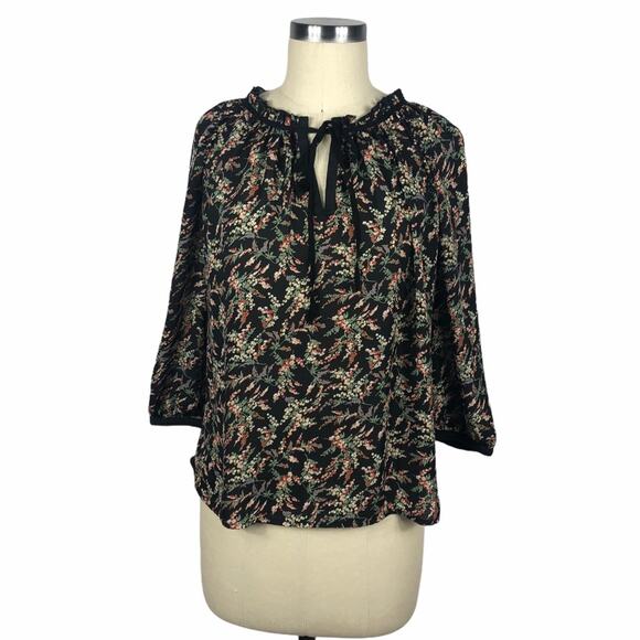 BELLATRIX Black Floral Peasant Blouse XS Boho Popover Flowy - Picture 1 of 6